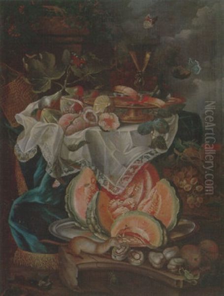 Still Life Of Grapes, Sweet Breads And A Glass Of Wine, Set Upon A Draped Table, Together With Other Fruit On A Pewter Salver Oil Painting by Christian Berentz