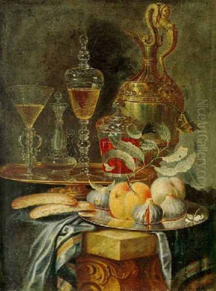 Still Life Of Peaches And Figs On A Pewter Platter, A Gilt Flagon And Other Objects All Resting On A Draped Stone Ledge Oil Painting by Christian Berentz