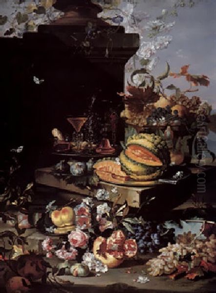 Still Life Of Flowers, Fruit And Goblets On A Pewter Plate, All On A Stone Ledge Beside A Column Oil Painting by Christian Berentz