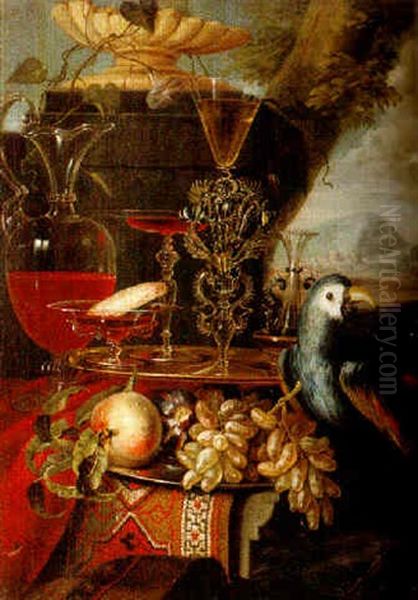 Stilleben Med Papegoja, Frukt Och Venetianskt Glas Pa Transsylvansk Matta Oil Painting by Christian Berentz