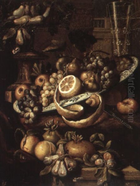 Still Life Of Fruit In A Porcelain Bowl With A Roemer And Fruit Stand Oil Painting by Christian Berentz