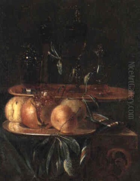 Still Life With Wine Glasses And Flagons And Fruit On A Table by Christian Berentz