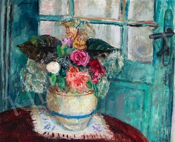 Studio Still-life In Front Of A Green Door Oil Painting by Robert Bereny