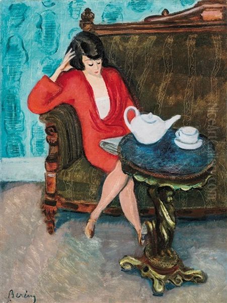 Lady Wearing A Red Dress In A Green Room (breakfast) by Robert Bereny