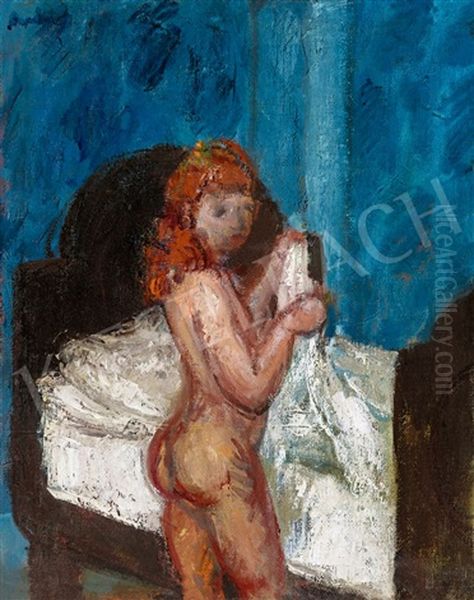 Model With Red Hair In A Blue Room Oil Painting by Robert Bereny