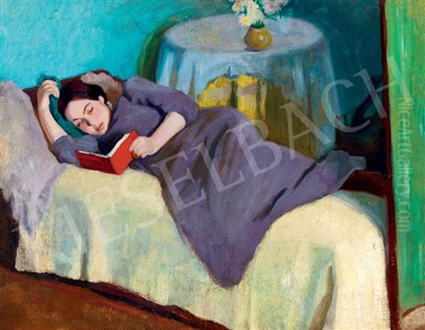 Firl Reading On The Sofa (woman Reading) Oil Painting by Robert Bereny