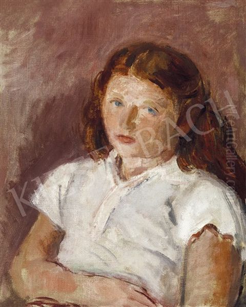 Girl With Red Hair In White Blouse Oil Painting by Robert Bereny