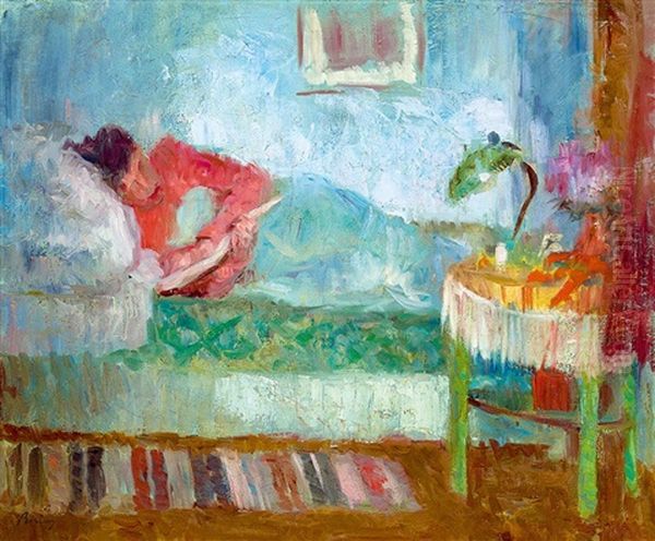 Woman Reading Oil Painting by Robert Bereny