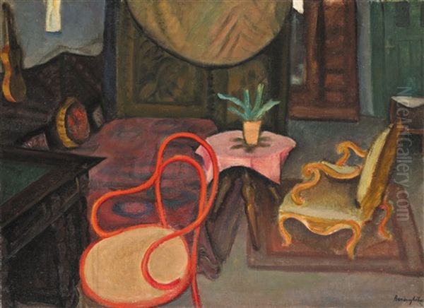 Interior With Red Thonet Chairs Oil Painting by Robert Bereny