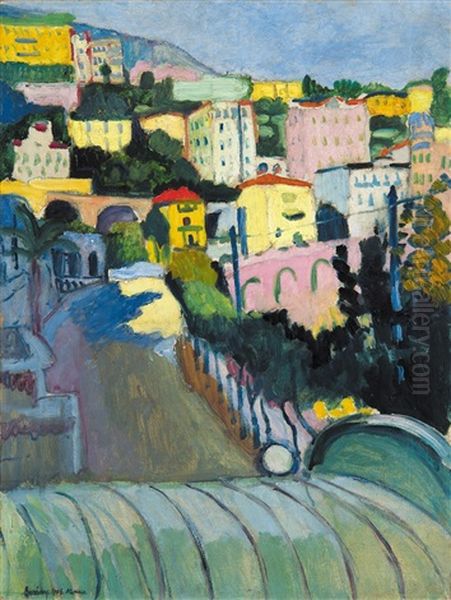 Seaside In Monaco (bord De Monaco, Monakoi (sic!) Part) Oil Painting by Robert Bereny