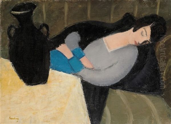 Sleeping Woman With A Black Vase (woman Asleep) Oil Painting by Robert Bereny