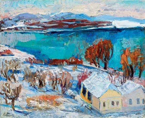 Winter In Zebegeny Oil Painting by Robert Bereny