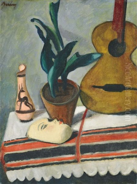 Still-life With Guitar And Mask Oil Painting by Robert Bereny