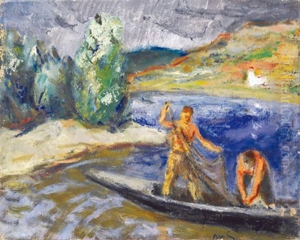 Fishermen From Zebegeny Oil Painting by Robert Bereny