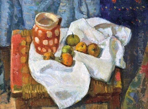 Still Life With White Tablecloth Oil Painting by Robert Bereny