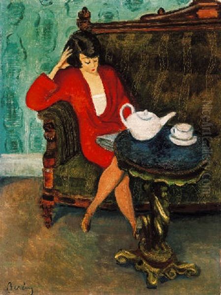 Pirosruhas No Zold Szobaban - Reggeli (red-dressed Woman In A Green Room - Breakfast) Oil Painting by Robert Bereny