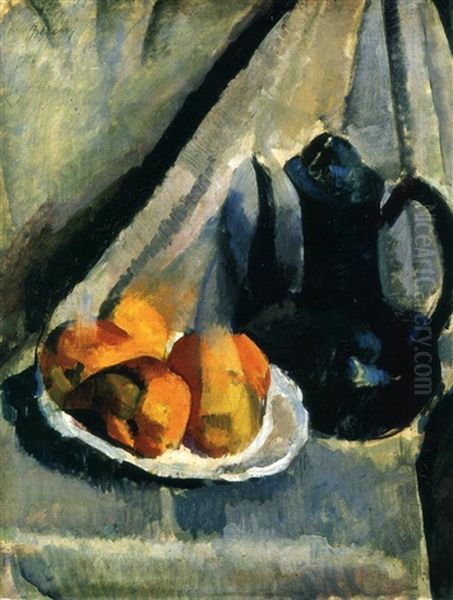 Kekkancsos Csendelet (still Life With A Blue Pitcher) Oil Painting by Robert Bereny