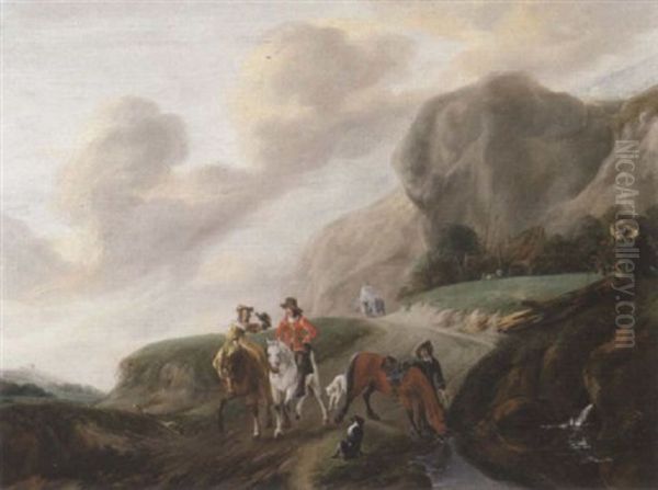 A Hawking Party Beside A Stream On A Mountain Path by Claes Van Beresteyn