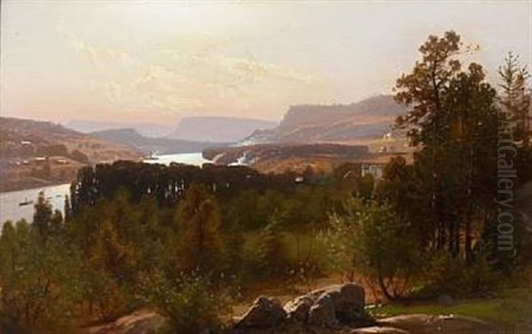 Mountain Landscape With Ships On The River Oil Painting by Albert Berg