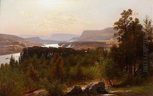 Mountain Landscape With Ships On The River Oil Painting by Albert Berg