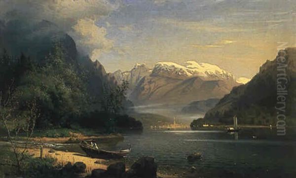 Norskt Fjordlandskap Med Batar Oil Painting by Albert Soult Berg