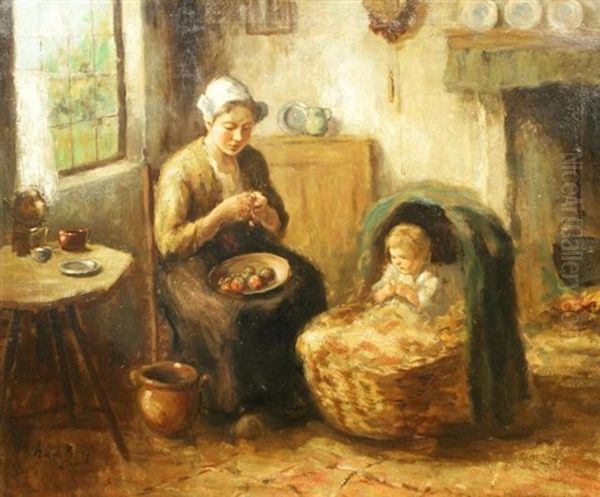 Interior With Mother And Child Oil Painting by Andries van den Berg