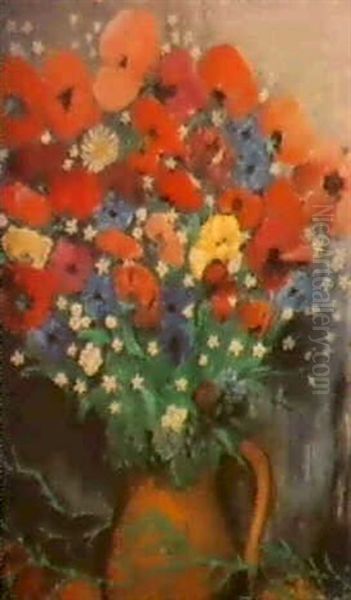 Roda Blommor I Vas Oil Painting by Anna Berg