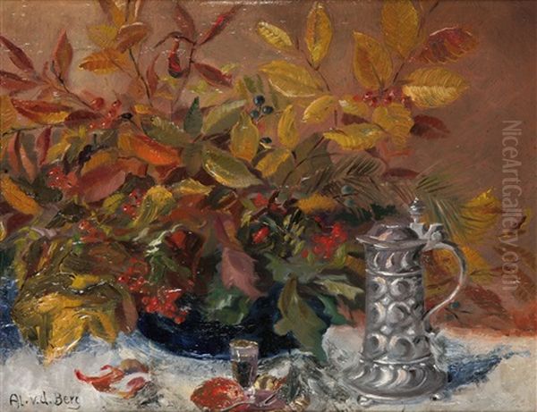 Herbstliches Stillleben Zweige Mit Bunten Blattern Und Beeren In Einer Jardiniere, Davor Zinnkrug Mit Becher Oil Painting by Ans Van Den Berg