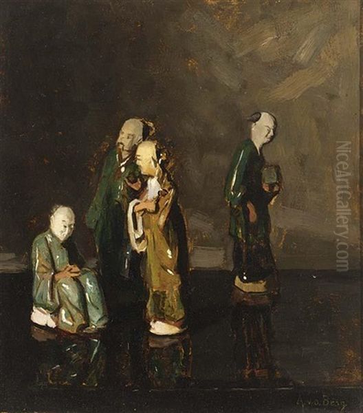 A Still Life With Chinese Porcelain Figures (+ Portrait Of A Girl, Verso) Oil Painting by Ans Van Den Berg