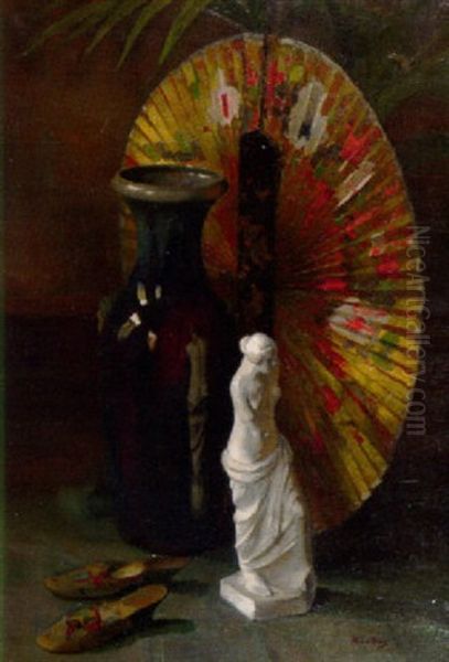 A Still Life With A Japanese Fan And A Plaster Figure Oil Painting by Ans Van Den Berg