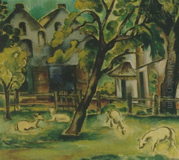 A Garden With Lambs Oil Painting by Else Berg