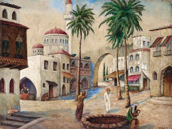 Marokkanische Stadt Mit Handwerker, Palmen Und Einer Moschee Oil Painting by Frans Berg