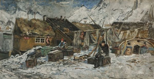 Fiskevaer, Lofoten 1888 Oil Painting by Gunnar Berg