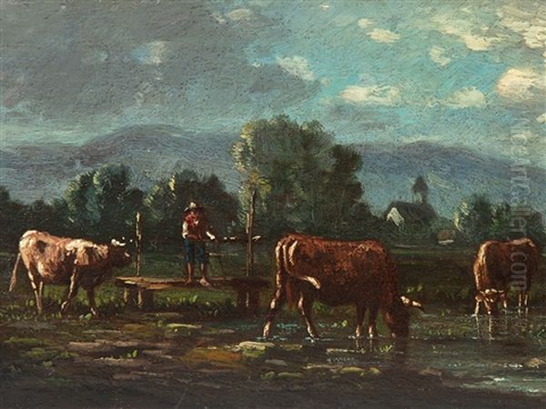 Cows By The River, Norway Oil Painting by Gunnar Berg