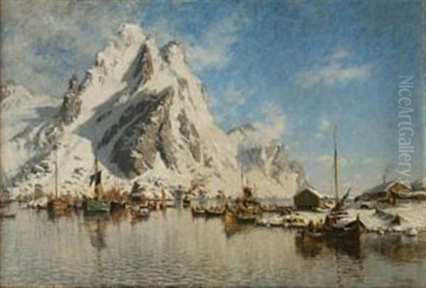 Vintermorgen I Svolvaer Oil Painting by Gunnar Berg