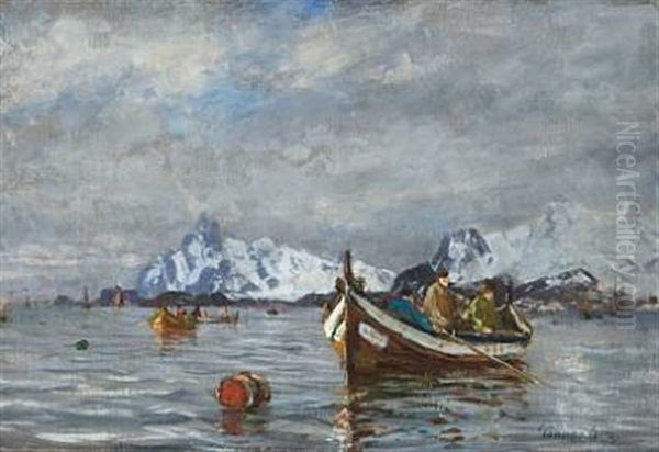 Fiske Langs Norskekysten Oil Painting by Gunnar Berg