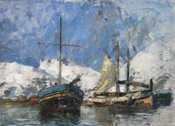 Bater I Havn, Lofoten Oil Painting by Gunnar Berg