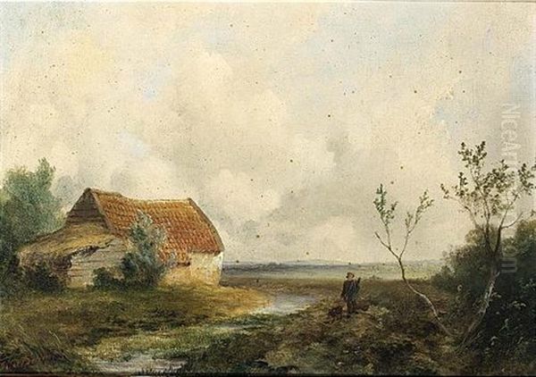 An Extensive Landscape With A Huntsman And His Dog (+ A Landscape With A Small Farm House; Pair) by Hendrik Andries Van Den Berg