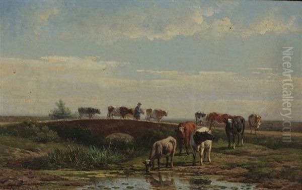 Hirte Mit Seinen Kuhen In Einer Gewasserlandschaft Oil Painting by Jacobus Everardus Jos. van den Berg