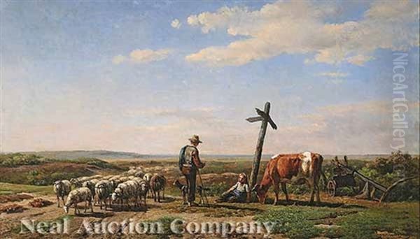 A Shepherd And A Cowherd At A Crossroads Oil Painting by Simon Van Den Berg