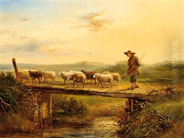 Shepherd With His Flock Oil Painting by Simon Van Den Berg