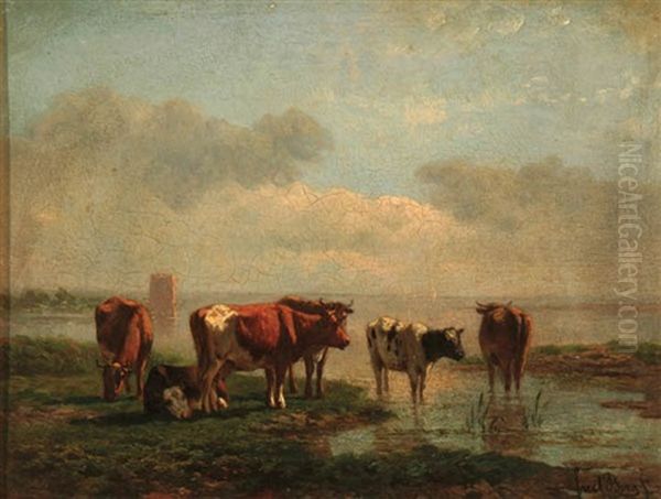 Grazing Cows Oil Painting by Simon Van Den Berg