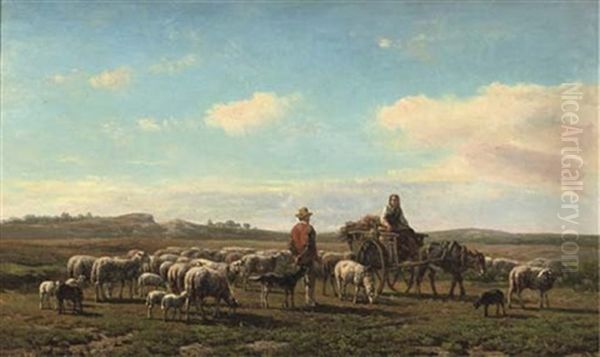 A Shepherd And His Flock Oil Painting by Simon Van Den Berg