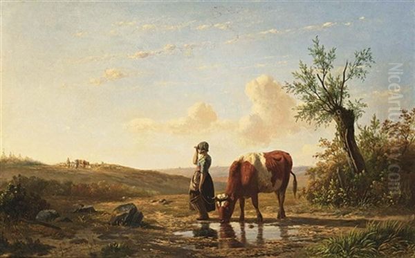 A Cowherdess In A Summer Landscape Oil Painting by Simon Van Den Berg