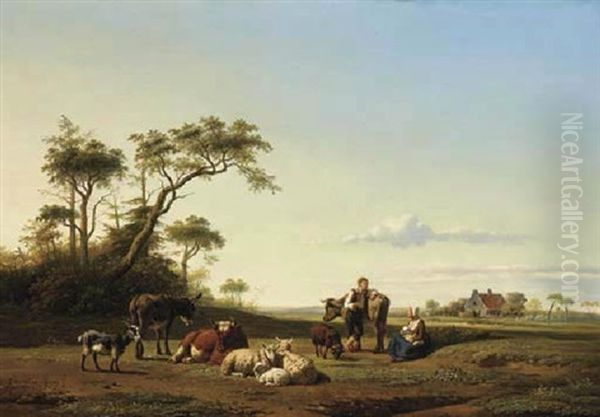 A Family With Animals In A Dutch Landscape Oil Painting by Simon Van Den Berg