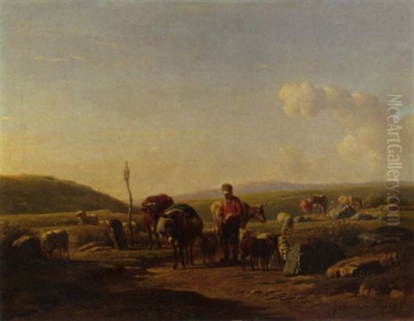 A Farmer And His Cattle In A Hilly Landscape Oil Painting by Simon Van Den Berg