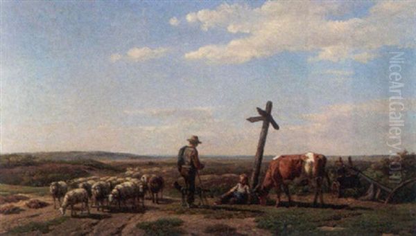 Shepherd With His Flock In A Landscape Oil Painting by Simon Van Den Berg