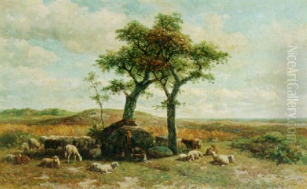 A Shepherd With His Flock In The Fields Oil Painting by Simon Van Den Berg