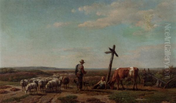 A Pastoral Scene With A Shepherdess And A Cowherd Conversing At A Crossroad Oil Painting by Simon Van Den Berg