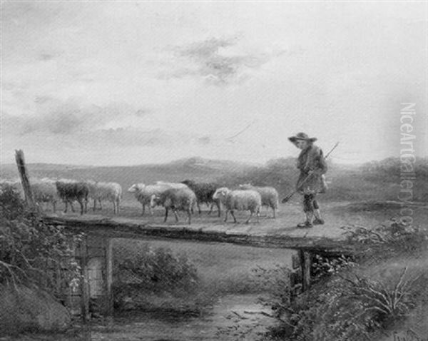 A Shepherd And Flock On A Bridge Oil Painting by Simon Van Den Berg